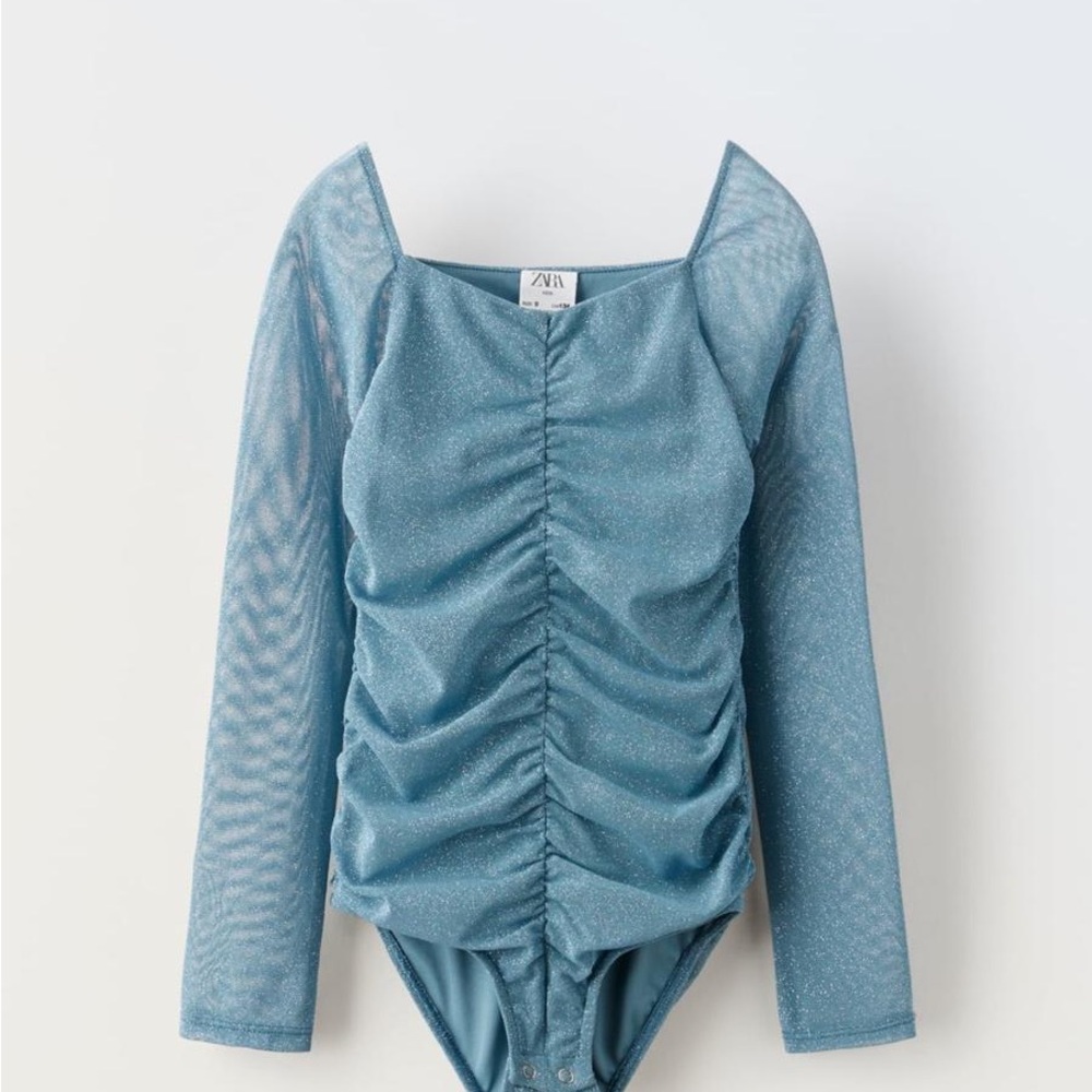 Zara Blue Bodysuit with Textured Sleeves and Ruching